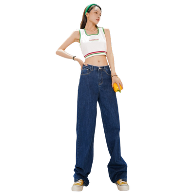 高个子深蓝色加长款拖地牛仔裤