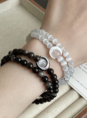 普陀山情侣黑曜石手串缺水补足月亮本命转运圆满如意百搭小众设计