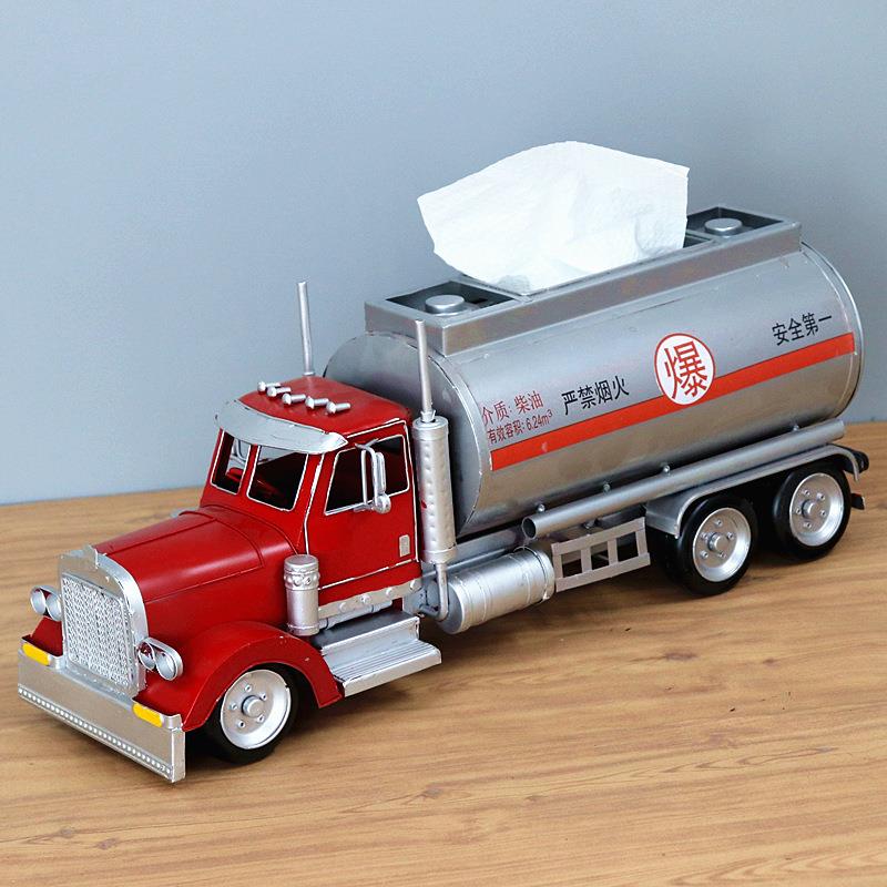 复古铁艺油罐车抽纸盒纸巾盒卡车模型创意手工工艺品摆件家居软装