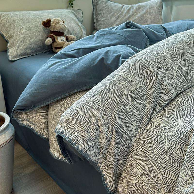 A类灰色条纹三角针春秋季磨毛四件套冬季加厚全棉纯棉床单被套