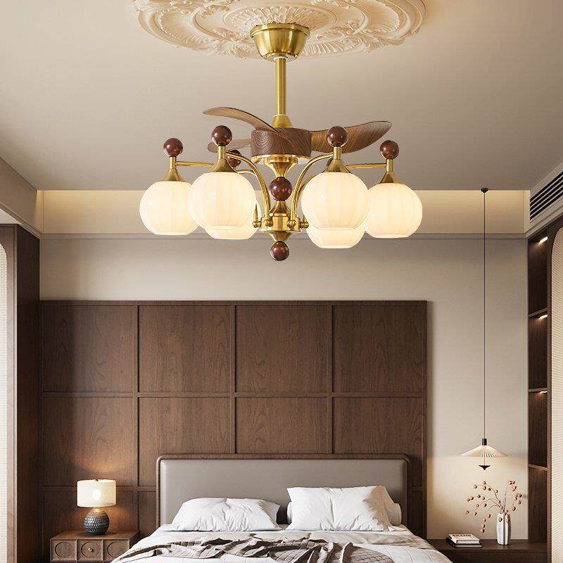 新中式客厅吊扇灯金色高端吊灯胡桃木色餐厅卧室护眼风扇吸顶吊灯