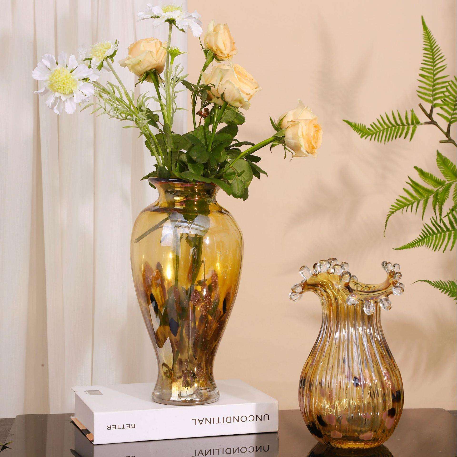 轻奢金色摆件手工玻璃花瓶高档小众复古客厅电视柜茶几装饰摆件水