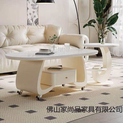 轻奢意式奶油风岩板移动茶几客厅家用小户型高级现代简约新款组合