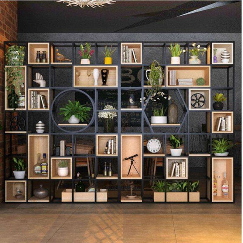 美式铁艺落地屏风隔断客厅架子实木书架现代简约展示架隔板置物架