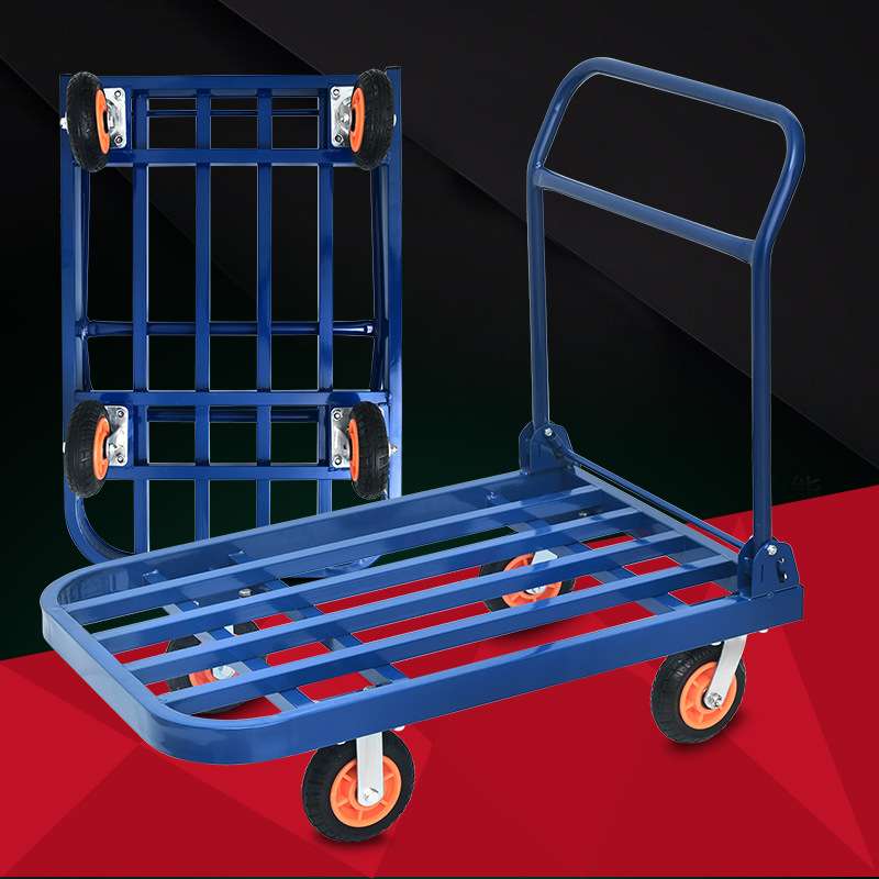 蓝色方管车拉货平板车静音小推车运输送货推车仓库搬运折叠手推车