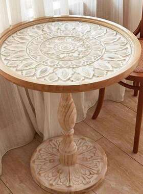 法式复古做旧小圆桌茶几中古角几休闲网红民宿阳台雕花沙发边几