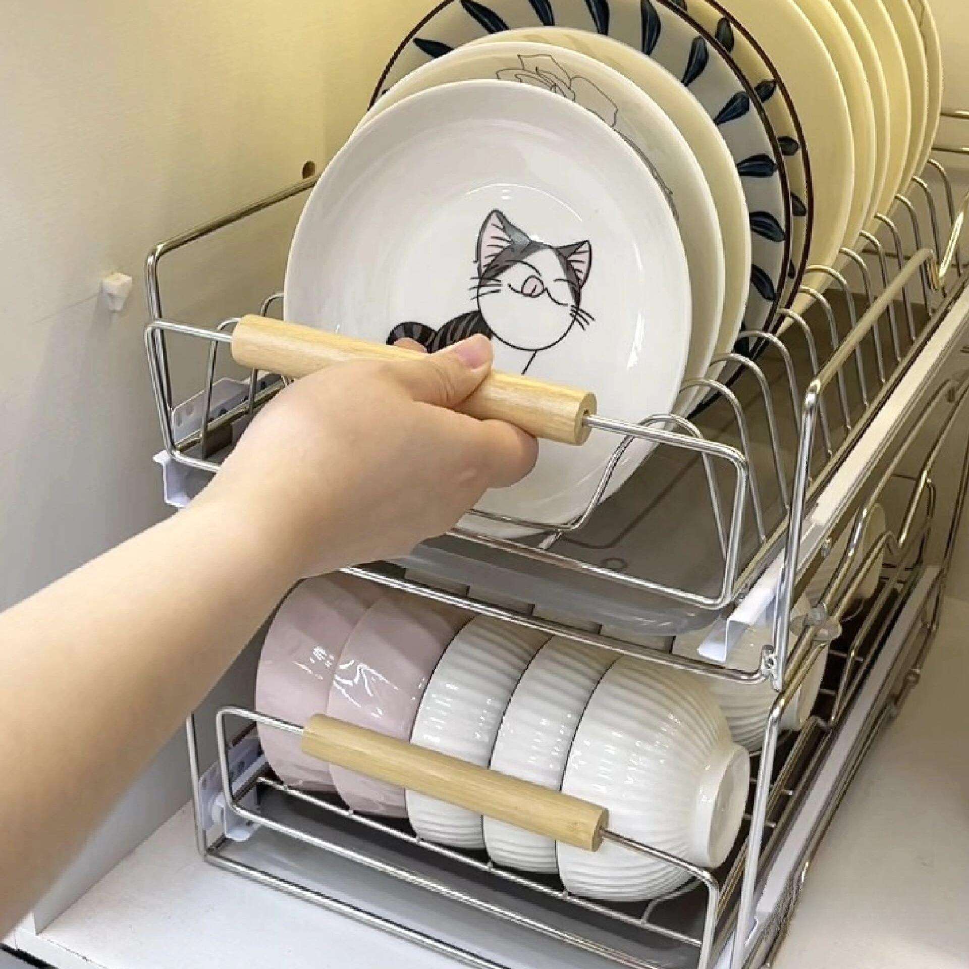 不锈钢碗碟架简约厨房沥水置物架拉碗架大容量双层橱柜内收纳架抽