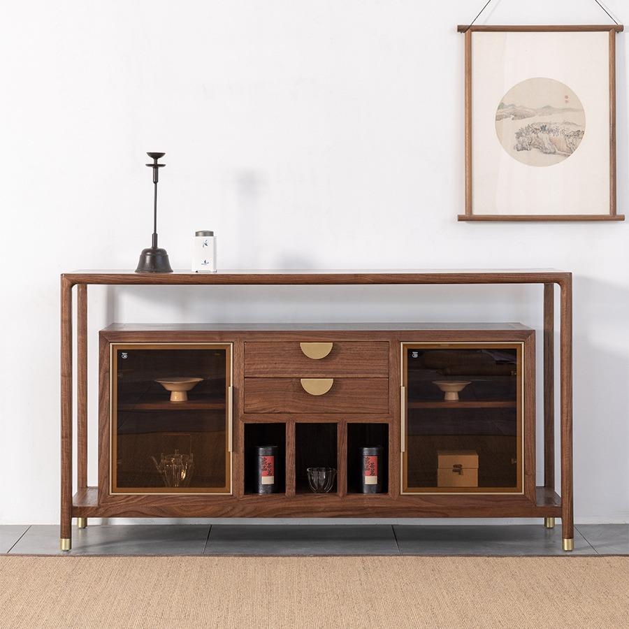 新中式实木餐边柜茶室储物柜客厅入门玄关柜黑胡桃木靠墙橱柜