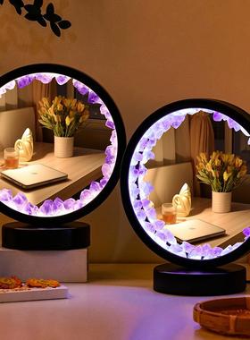 水晶原石圆形LED夜灯台面化妆镜卧室床头usb接口补光梳妆台镜