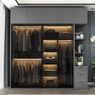现代简约衣柜卧室家用玻璃推拉门整体收纳柜子趟门储物柜灰色衣橱