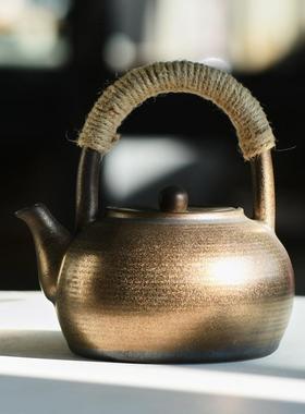 日式粗陶提梁壶创意麻绳把手隔热大号泡茶壶洒金釉窑变陶瓷单壶