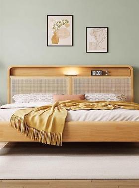 北欧实木藤编床日式原木风.双人床现代简约复古储物床主卧民宿