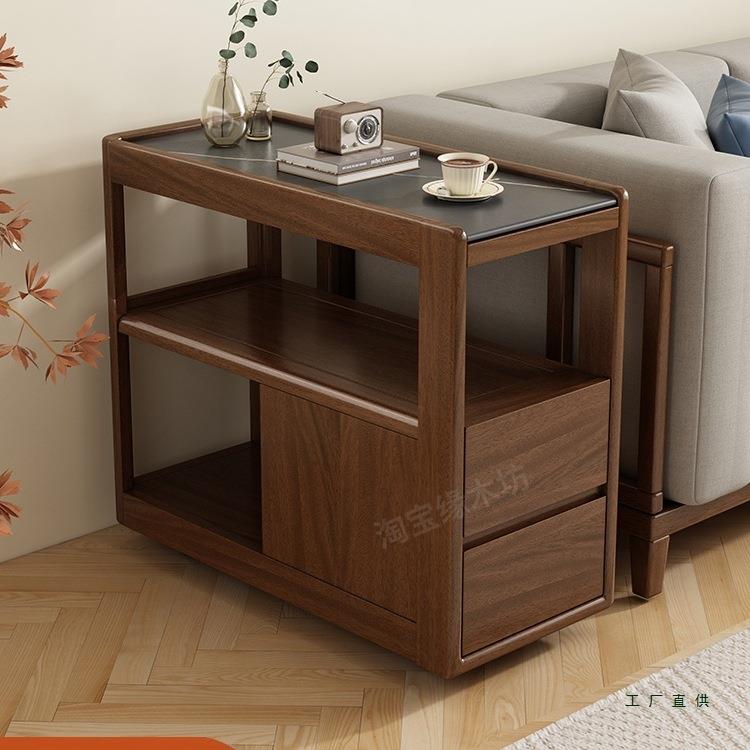 实木沙发边柜岩板边几中式小户型客厅带轮可移动角几小茶几侧边柜