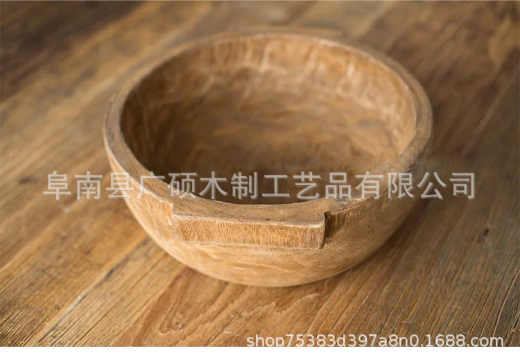 木碗做旧把手圆木盆宝宝拍照新生儿摄影道具家居收纳创意摆件带