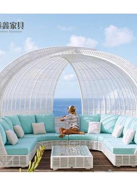 户外休闲阳台大型藤编躺椅遮阳沙发别墅仿藤桌椅茶几组合