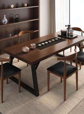 新中式茶桌椅组合嵌入式石茶盘一体仿实木色茶桌茶几办公室泡茶台