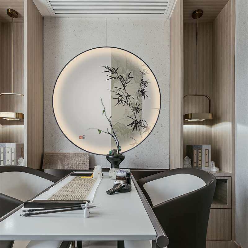 2FLED灯光画玄关装饰画带灯中式竹子挂画走廊过道轻奢进门圆形壁