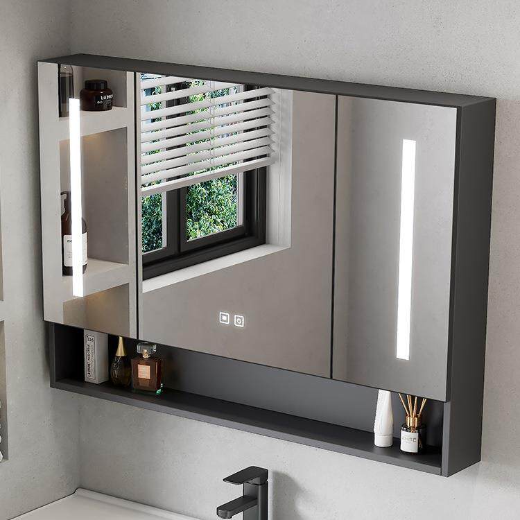 免打孔太空铝浴室镜柜单独挂墙带灯除雾卫生间化妆镜子置物收纳架