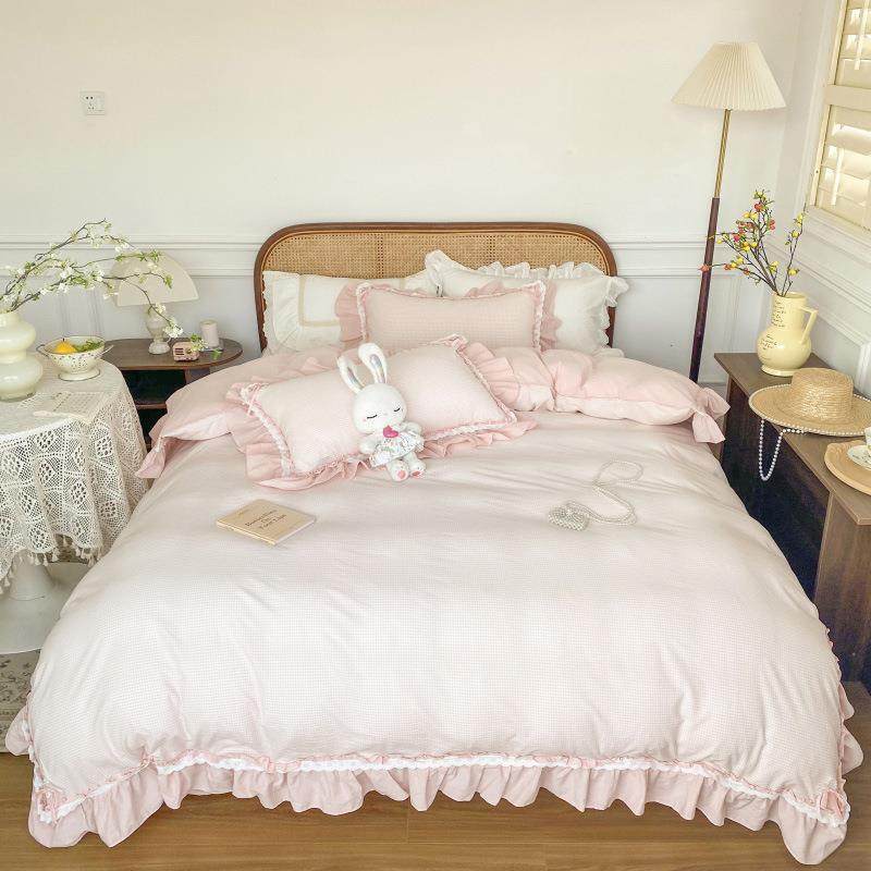 新款韩式甜美公主风全棉水洗棉四件套少女心纯棉被套床单床上用品