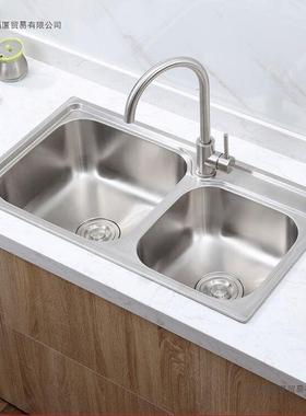 不锈钢水池水槽双槽厨房一体加厚304拉丝洗菜洗碗池套餐家用