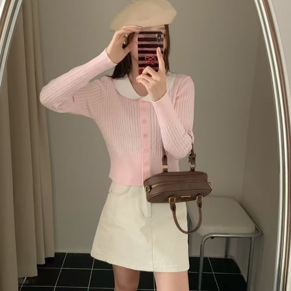 粉色娃娃领麻花长袖针织衫女