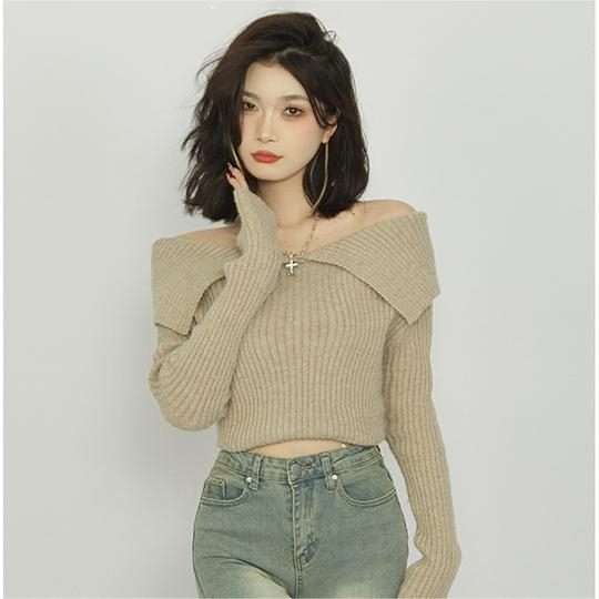 法式小众设计感一字肩针织衫