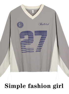 simple 街头v领美式运动撞色卫衣春秋女灰色拼接字母印花松紧上衣