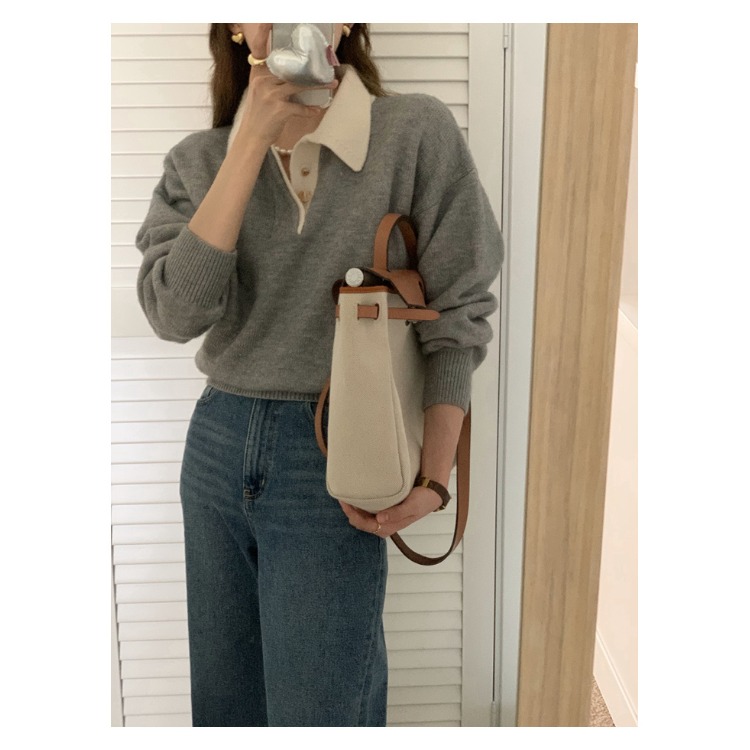 小众翻领撞色针织长袖毛衣