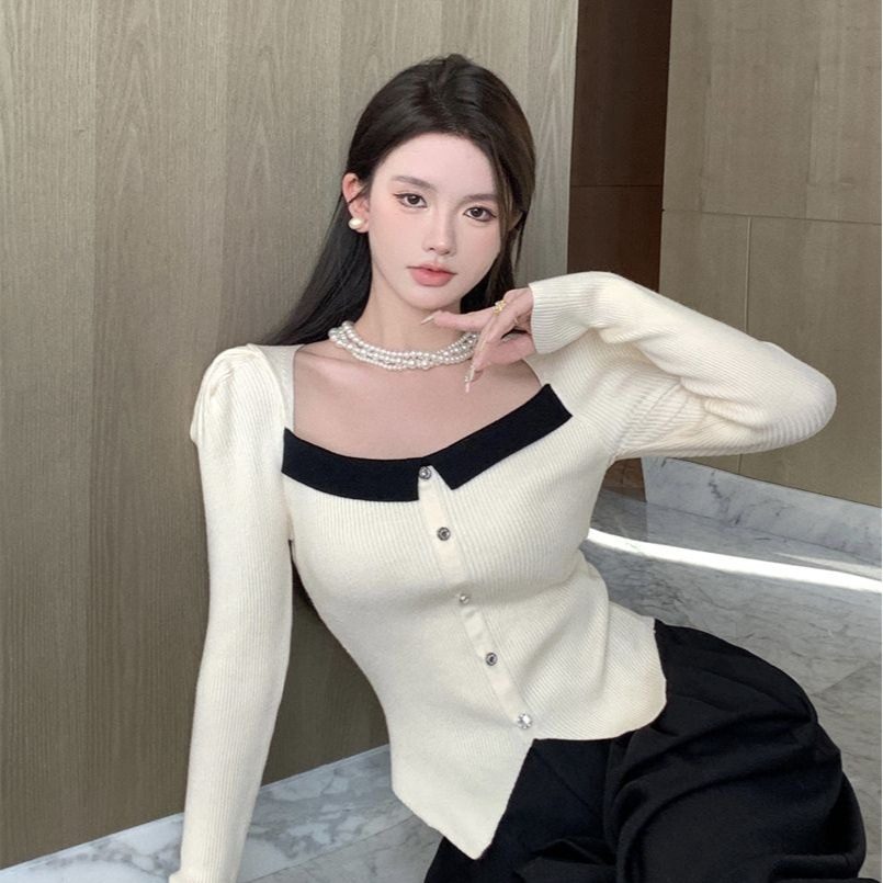 女孩拼色毛衣套头修身型针织衫