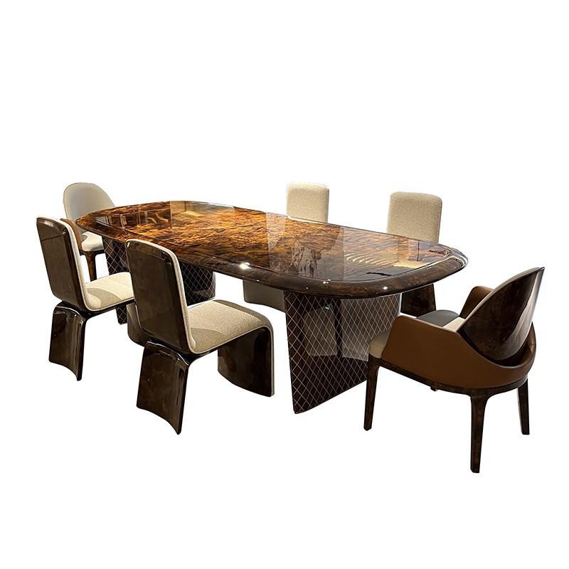 宾利高光漆轻奢餐桌意大利木皮拼花大餐桌别墅餐厅后现代实木高定