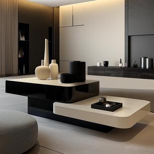黑白茶几客厅家用2024新款 高端茶台现代极简不规则高低茶桌电视柜