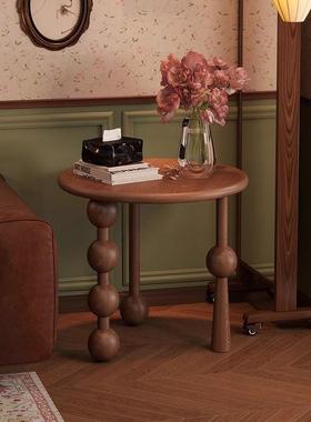 中古风实木沙发边几角几法式复古小矮桌下午茶小圆桌VSa