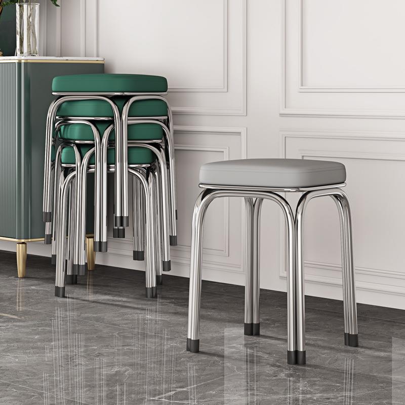 轻奢不锈钢凳子方凳加厚家用可叠放餐桌凳椅现代简约圆凳板凳矮凳