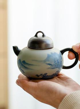 昌朴居纯手绘山水哑光釉知隐壶陶瓷单壶茶壶带过滤泡茶壶冲茶