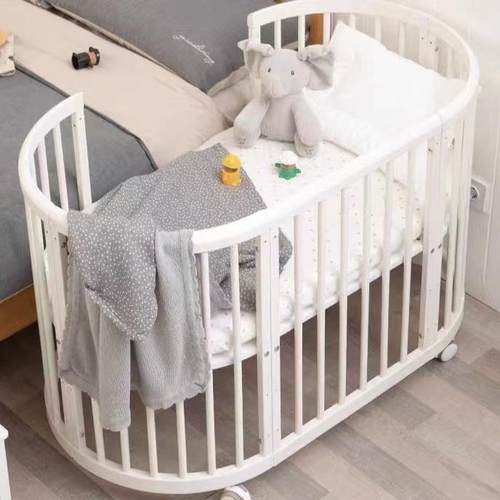 白色婴儿床椭圆形床儿童拼接床可加长变学习桌沙发床小孩游戏床