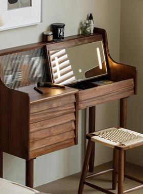 黑胡桃木梳妆台翻盖镜子实木化妆桌家用卧室带抽屉一体化妆台带灯