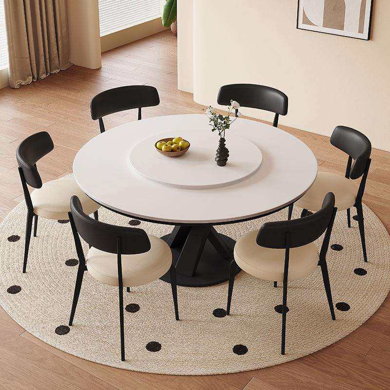 中古风岩板餐桌大小户型家用现代简约复古新款圆形带转盘吃饭桌子