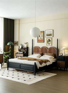 中古风双人床黑色北美红橡木樱桃木撞色卧室家具1米8实木床1米5床