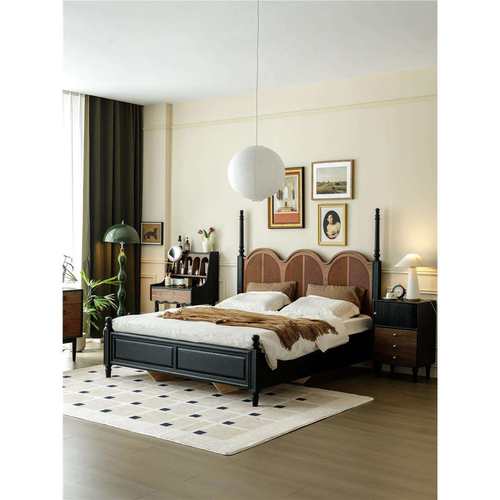 中古风双人床黑色北美红橡木樱桃木撞色卧室家具1米8实木床1米5床