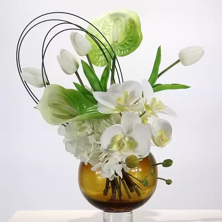 现代高级感玻璃插花仿真花酒店售楼处软装花艺客厅餐桌花装饰摆设