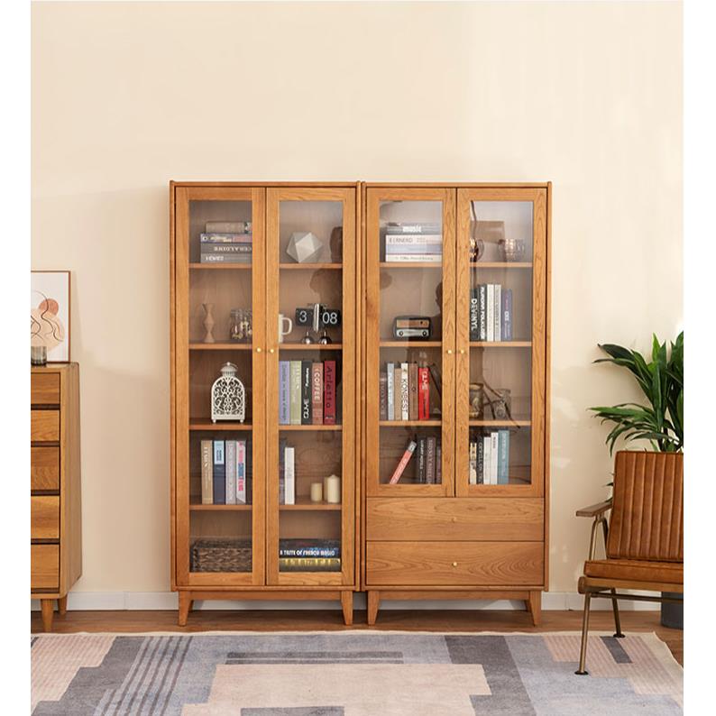 实木组合书柜带门樱桃木日式简约客厅玻璃门书架落地展示收纳柜