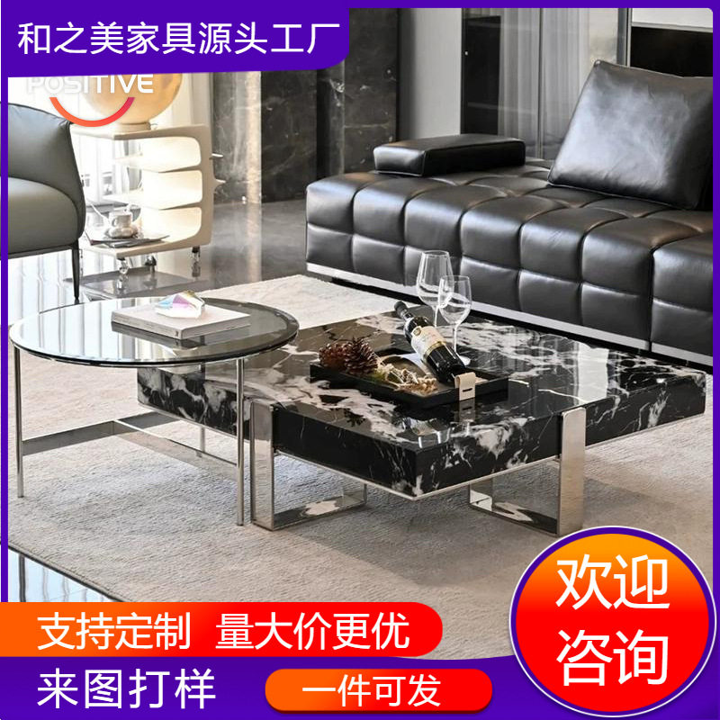 意式极简黑大理石正方形茶几客厅家用大小户型设计师款组合