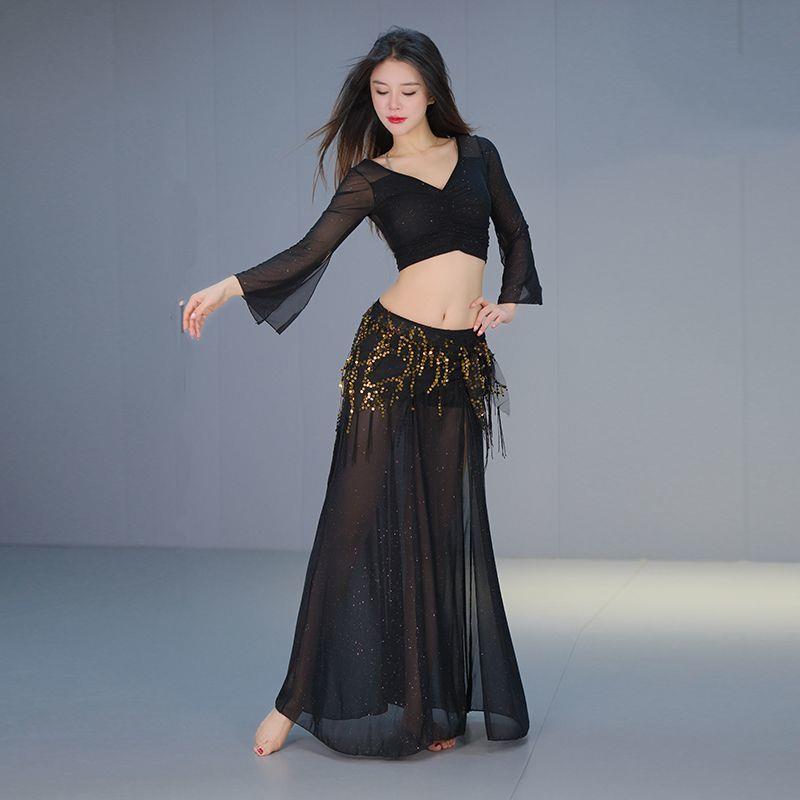 新款四季肚皮舞练功服套装大码显瘦网纱东方舞蹈表演衣服开叉裙