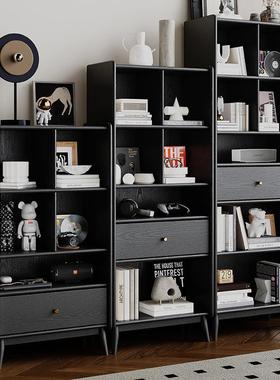 全实木书柜橡木复古黑色书架轻奢中古客厅美式立柜展示柜储物柜