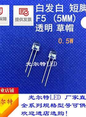 直插5MM草帽透明白发白0.5W高亮发光二极管LED插件F5草帽白灯