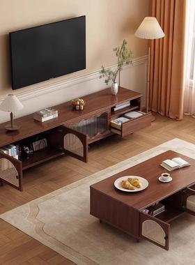 法式复古藤编实木电视柜茶几组合中古风小户型客厅靠墙地柜影视柜