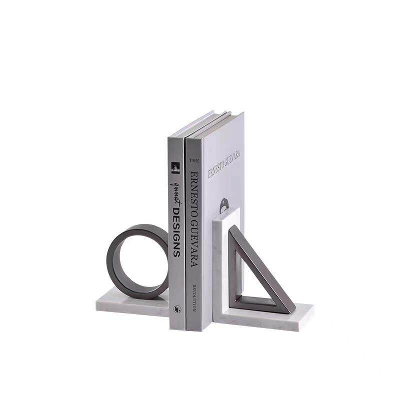 简约现代白色大理石创意几何三角圆形书档书靠样板房售楼书房摆件
