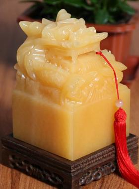 厂价米黄玉龙头印章摆件办公送礼盘龙玉玺摆件