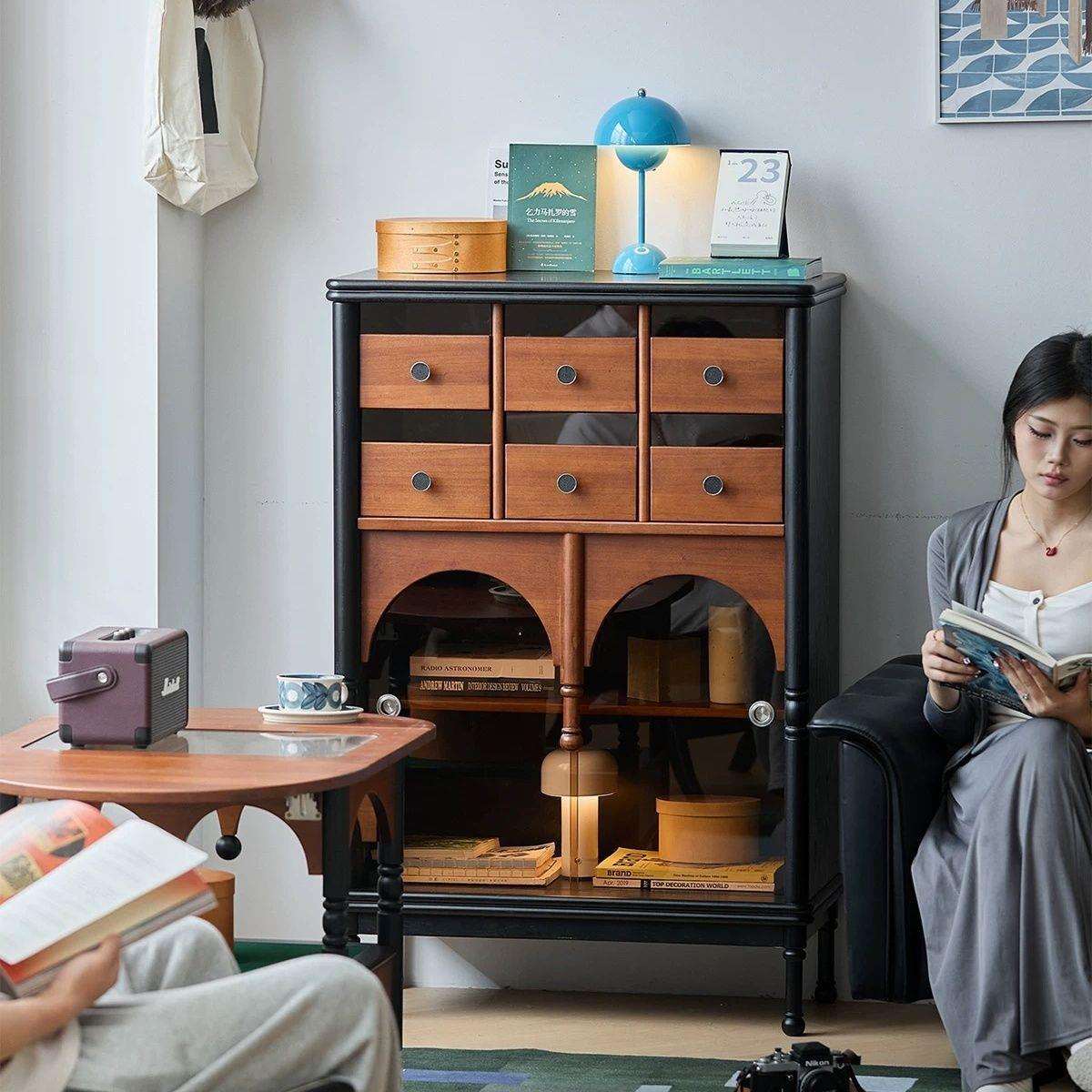 美式双拼色实木斗柜中古客厅沙发边柜复古展示柜卧室靠墙收纳柜