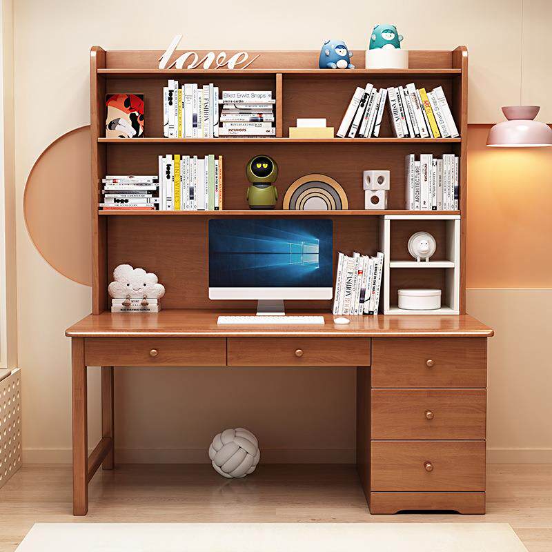 家用学习桌实木一体办公电脑桌写字桌书桌初中生卧室组合书柜书架
